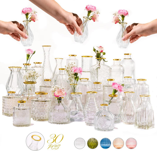 Premium Heirloom Hills Bud Vases for Home Decor, Crystal Clear Glass Flower Vase Set of 30 with Hand-Painted Gold Rims, Small Vases for Centerpieces and Wedding Decorations (Clear, Set of 30)