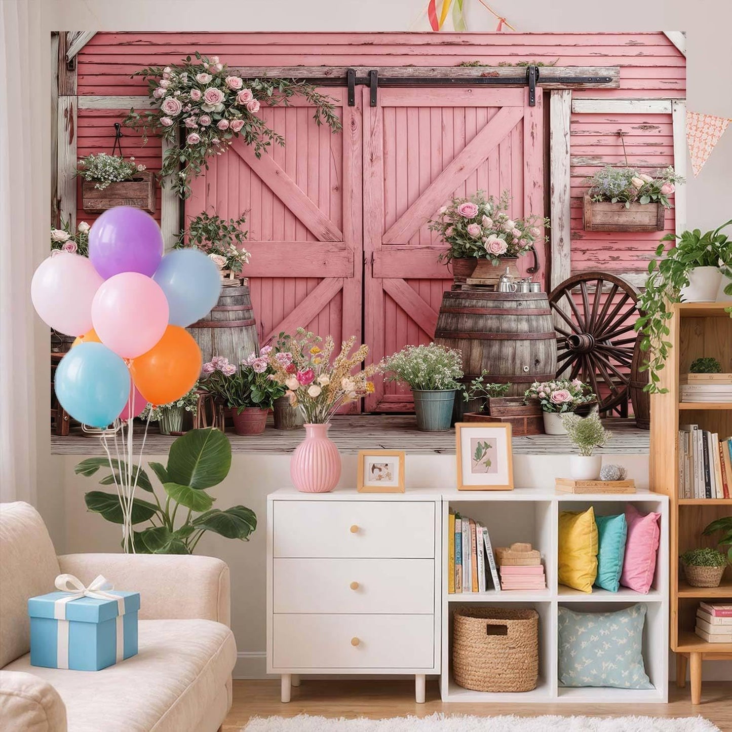 10x10ft Country Wedding Pink Photography Backdrop Rustic Wooden Door Photography Backdrop Farmhouse Flower Western Girl Birthday Baby Shower Wedding Bridal Party Banner Photo Booth Props Background