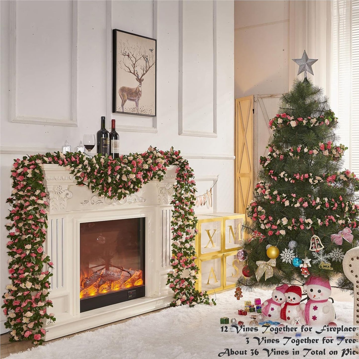 8 Pcs x 8.2 ft Flower Garland Artificial Rose Vine Flowers with Green Leaves Hanging Fake Roses Vine for Room Party Home Wedding Birthday Christmas Wall Arch Decor, Champagne Flower