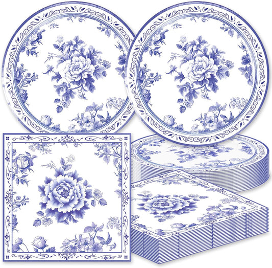 40pcs Blue and White Flower Party Decorations Disposable Blue Floral Plates and Napkins Flower Tableware Set for Bridal Shower Decoration Wedding Tea Party,Suitable for 20 Guests.