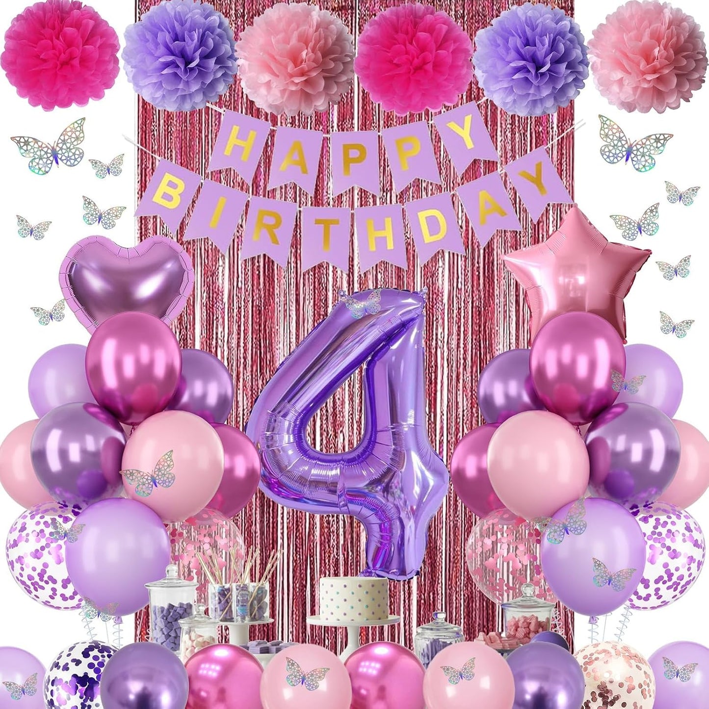 Pink Purple 4th Birthday Party Decorations for Girls Number 4 Balloon Happy Birthday Banner Butterfly Stickers Fringe Curtain Paper Pom Poms Metallic Hot Pink Star Foil Balloons 4 Year Old Princess