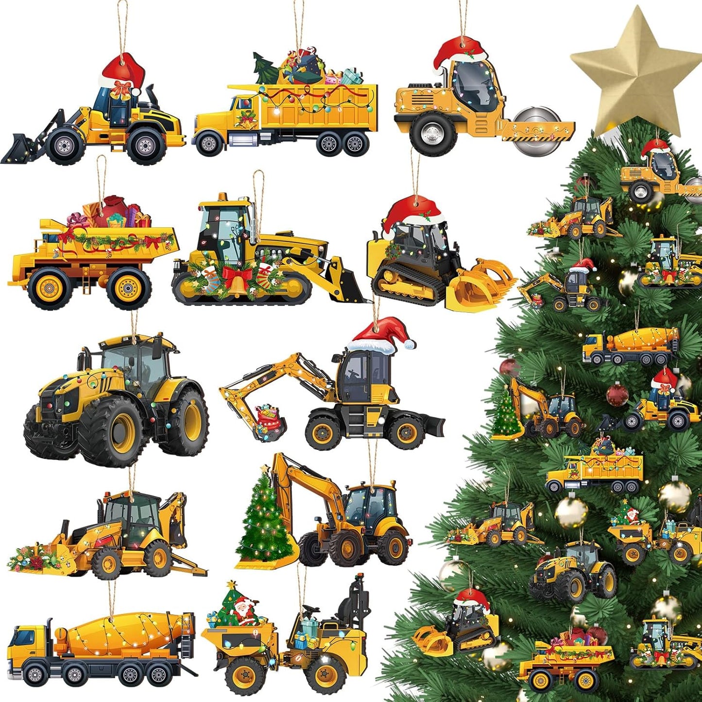 Suzile 36 Pcs Christmas Wooden Ornaments Christmas Construction Truck Ornaments Decoration Vintage Excavator Tree Decoration Construction Truck Hanging Crafts for Farmhouse Home Xmas Party Decor