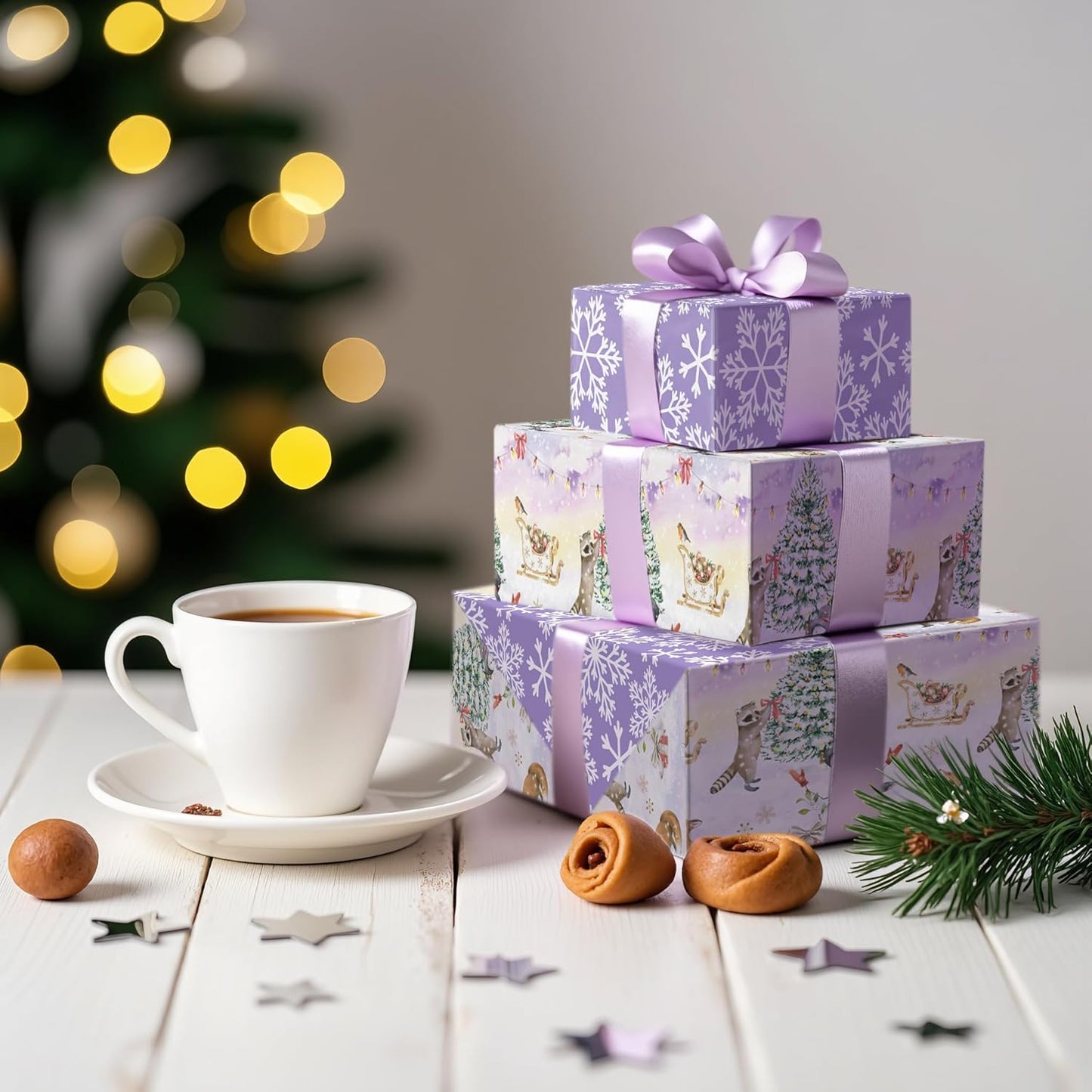 LeZakaa Christmas Reversible Wrapping Paper Roll, Watercolor Winter Forest Design with Fox Raccoon Christmas Tree Snowflake, for Kids Family, Winter Holidays, Mini Roll 17 in x 16.4 Ft