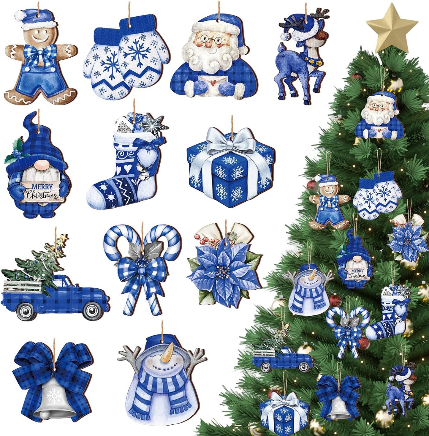 Suzile 36 Pcs Christmas Wooden Ornaments Blue Christmas Ornaments for Tree Vintage Winter Tree Decorations Xmas Hanging Wood Cutouts Decor for Farmhouse Home Winter Holiday Party Wreaths