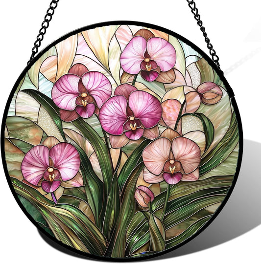 Stained Glass Window Hanging - Pink Phalaenopsis Orchid Green Leaves Sun Catcher for Door Home Decor Flower Suncatcher Christmas Mother's Day Birthday Gifts for Women Men Mom Nana 6.3 in