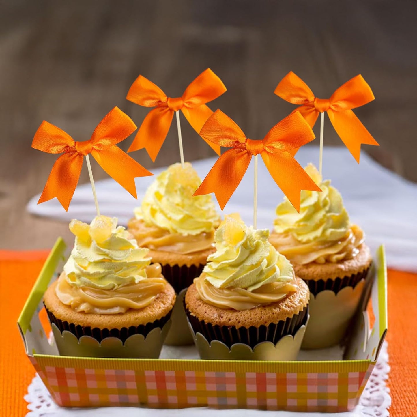 Gyufise 24Pcs Bow Cupcake Toppers Coquette Bow Girls Birthday Cake Decorations Bowknot Cake Toppers Bowknot Cupcake Picks for Baby Shower Birthday Wedding Bridal Engagement Party Supplies Orange