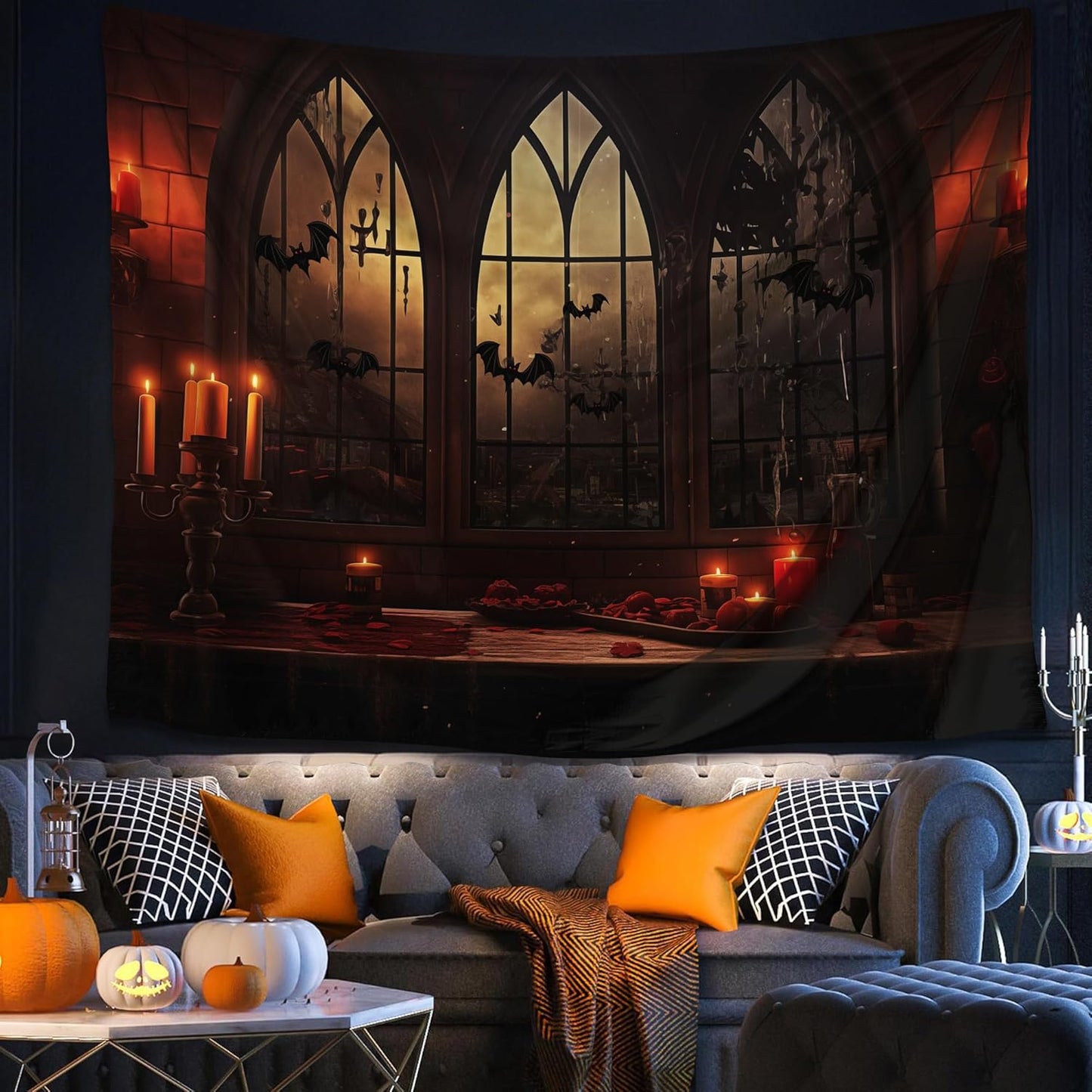 QGHOT Halloween Tapestry Wall Hanging Horror Castle Window Tapestry Gothic Spooky Backdrop Vampire Medieval Tapestries for Bedroom Living Room Dorm Wall Art Decor (90.6"x70.9")