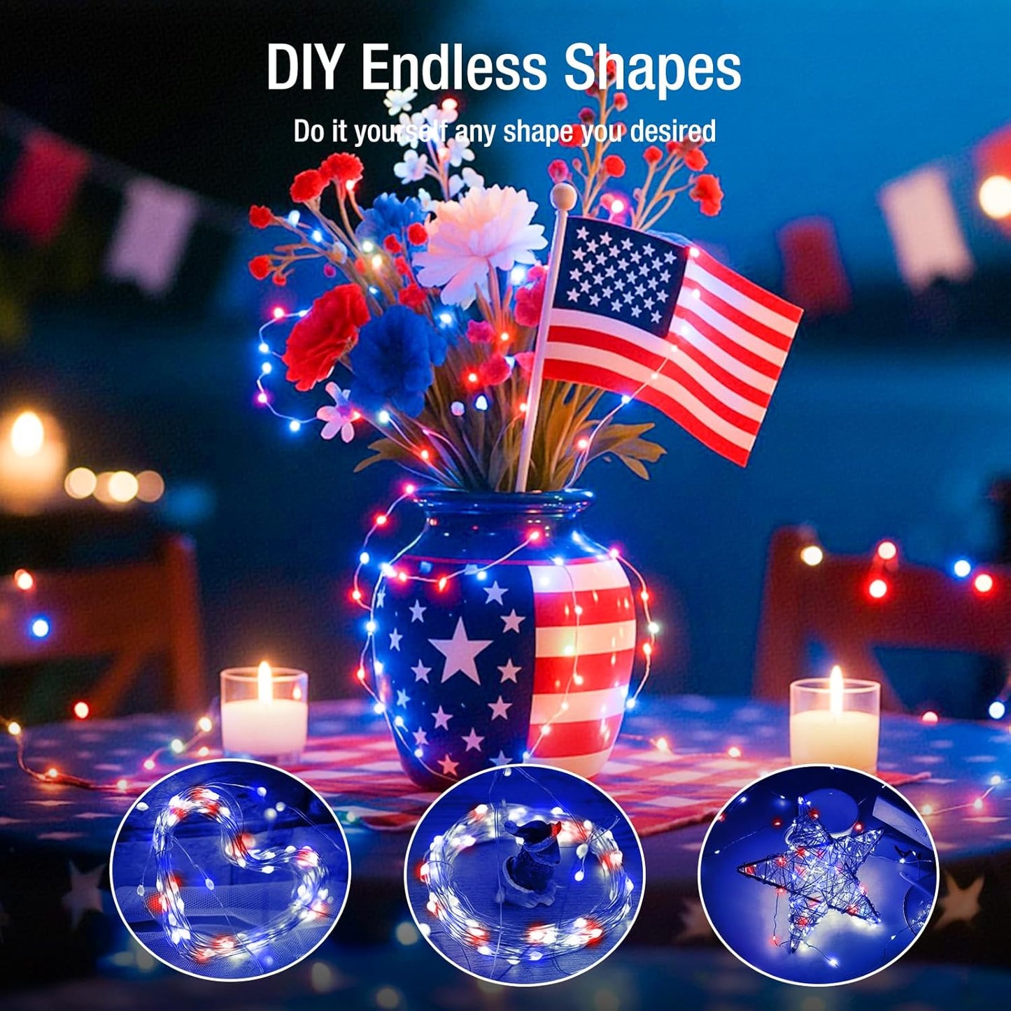 4th of July Decorations - 12 Pack Red White Blue Fairy Lights Battery Operated, 7ft 20 Led Twinkle Lights 3 Modes, Waterproof Bulk Mini String Light for Independence Day Patriotism Decorations