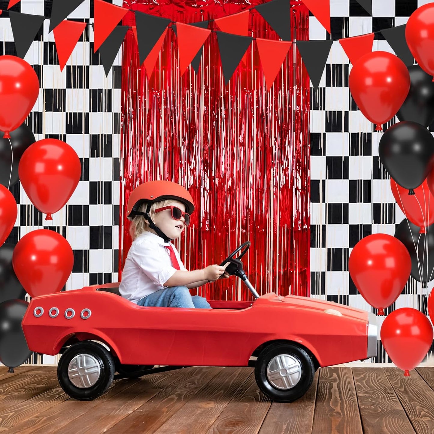 3 Pcs Racing Cars Foil Fringe Curtain Red Black White Checkered Photo Booth Props Tinsel Streamer Curtain Set for One Happy Dude Party Backdrop Decor