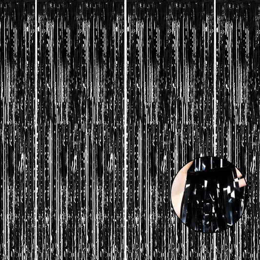 4 Pack Black Foil Fringe Curtain Backdrop, 3.28Ft x 8.2Ft Metallic Tinsel Streamer Curtains for Party, Photo Booth Props, Birthday, 2022 Graduation Decoration Party Supplies