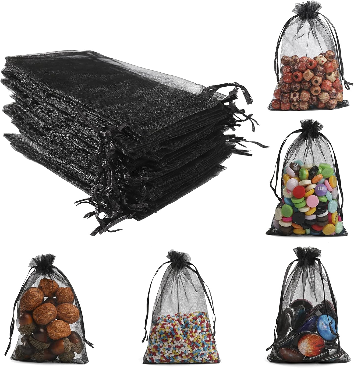 ANZNKU 50 Pack Black Organza Bags, 4 x 6 Inch Small Mesh Bags Drawstring Gift Pouches for Candy Jewelry Halloween Wedding Party Favor Christmas