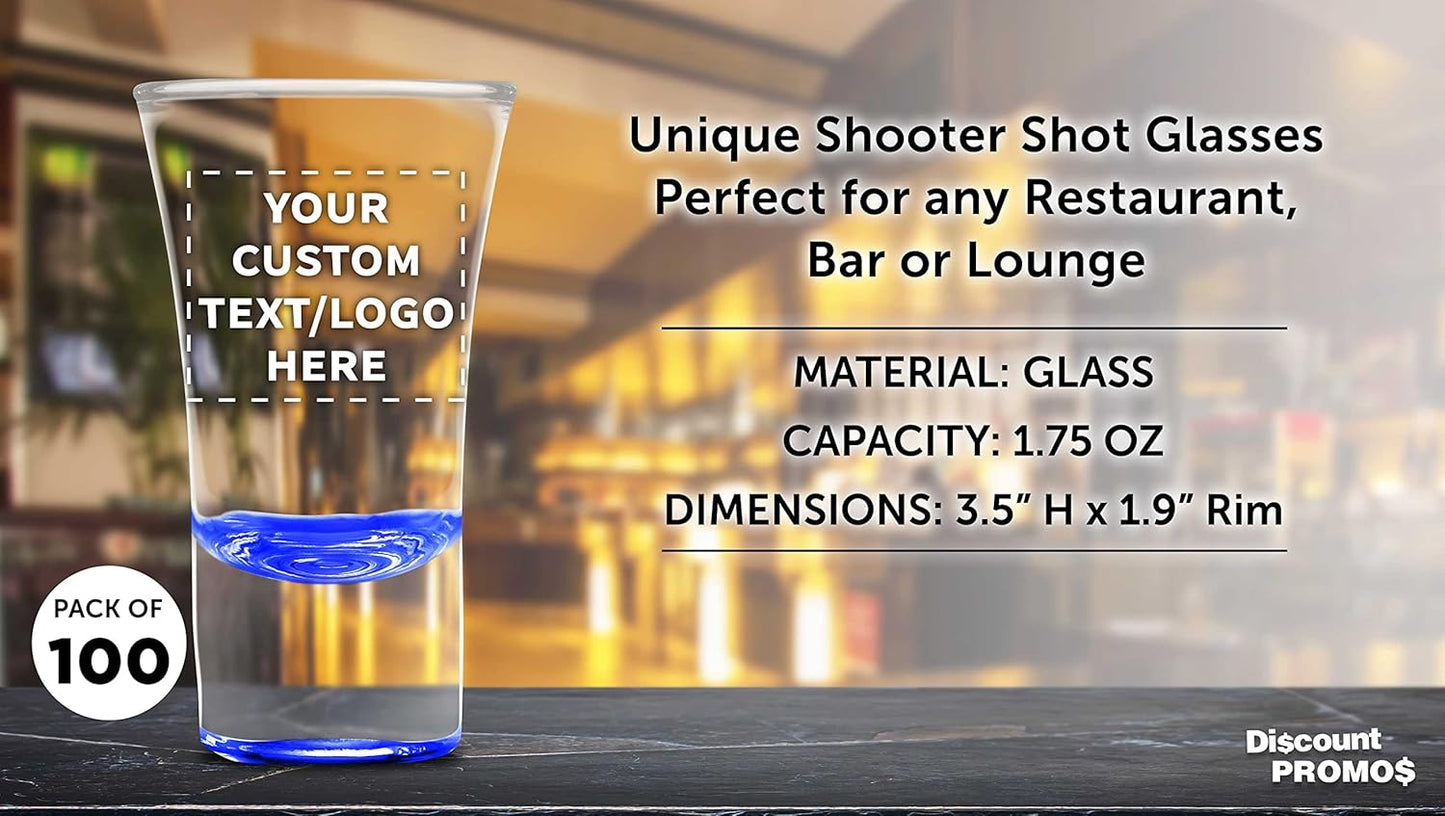 Custom 2 oz. Lord Shooter Etched Shot Glasses, 100 pack, Personalized Text, Logo, 21st Birthday Party, Lounge Glassware, Blue