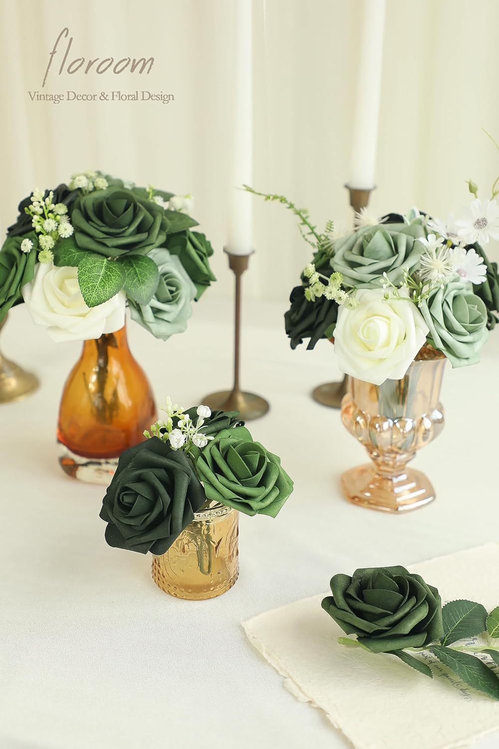 Floroom Artificial Flowers 25pcs Real Looking Emerald Green Foam Fake Roses with Stems for DIY Wedding Bouquets Bridal Shower Centerpieces Floral Arrangements Party Tables Home Decorations