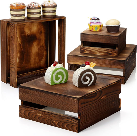 Sieral 4 Pieces Wood Cupcake Display Stand Decorative Dessert Appetizer Cake Stand Risers Wooden Crate Rustic Cake Risers for Storage for Party Christmas Halloween Wedding Decor(Burnt Wood)