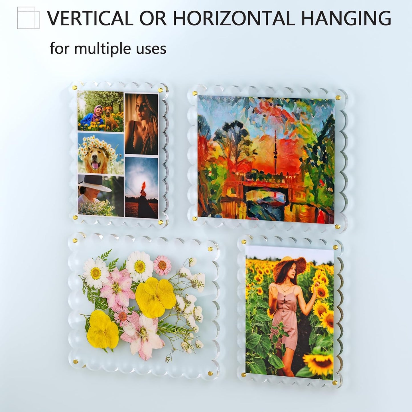 Acrylic Picture Frame for Wall, Frameless Clear Photo Frame with Scalloped Edge, No Drill Floating Frame for Diploma Certificate Degree Document & Poster/Painting/Artworks Display (1 Pack, 11X14 Scalloped edge)