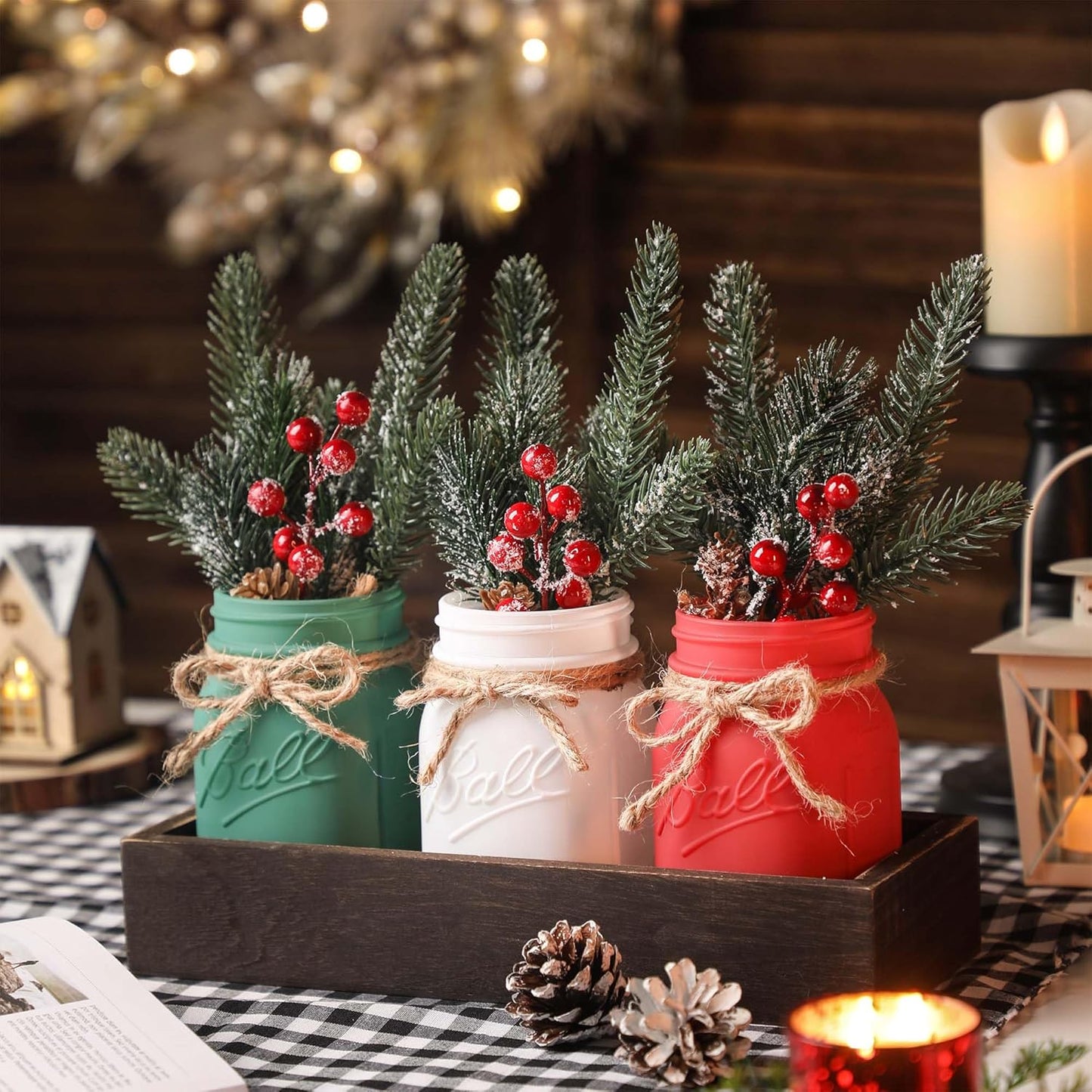 Winter Mason Jars, Winter Centerpieces for Tables, Wood Tray & 3 Painted Decorative Jars, Christmas Table Centerpieces Decoration, Farmhouse Dining Table Kitchen Decorations Home Decor
