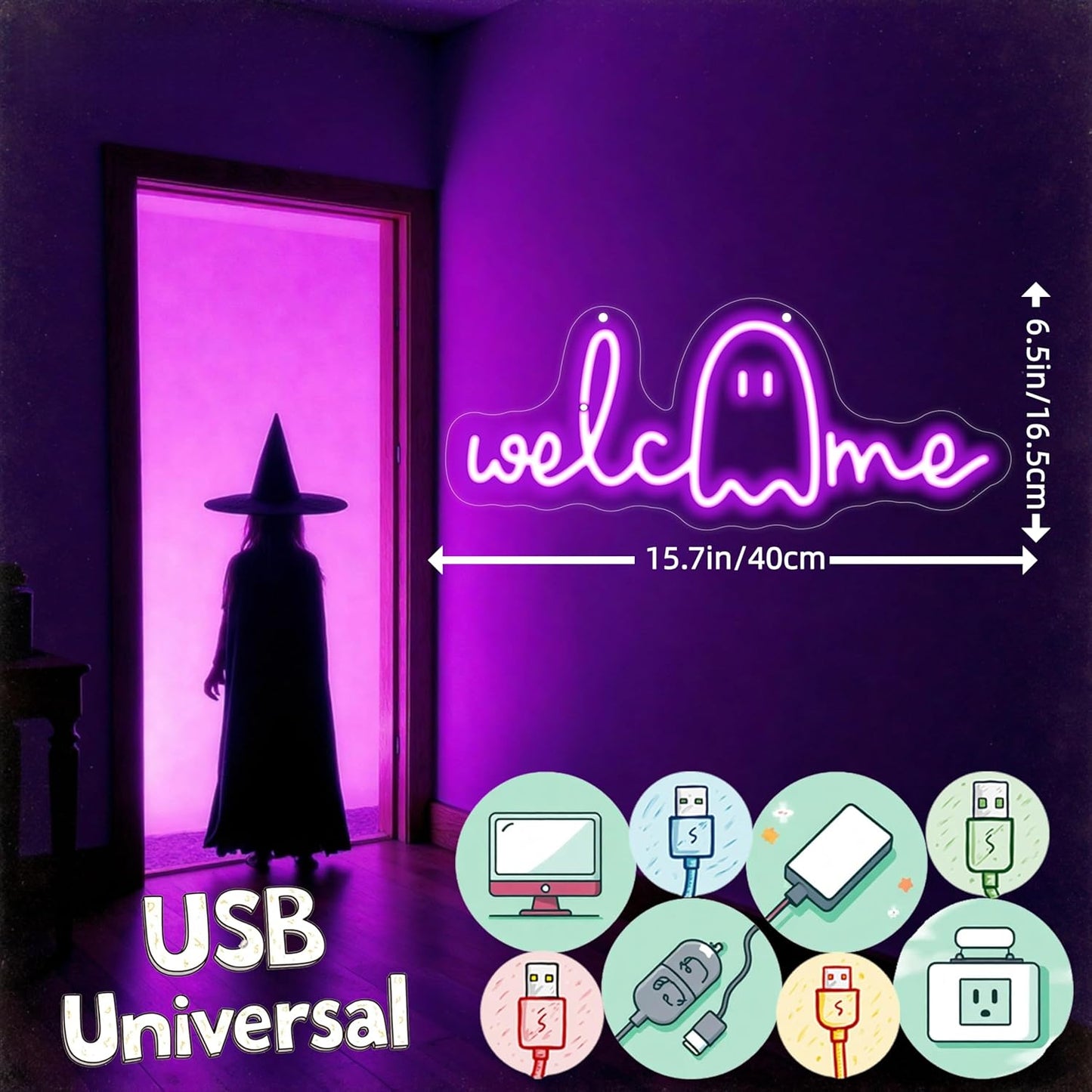 Halloween Welcome Ghouls Neon Sign, Spooky Ghost LED Halloween Decor, Haunted House Entryway Light, Available Gothic Haunted Mansion Light for Bedroom Bar Cave Room Decor Party Home-Purple