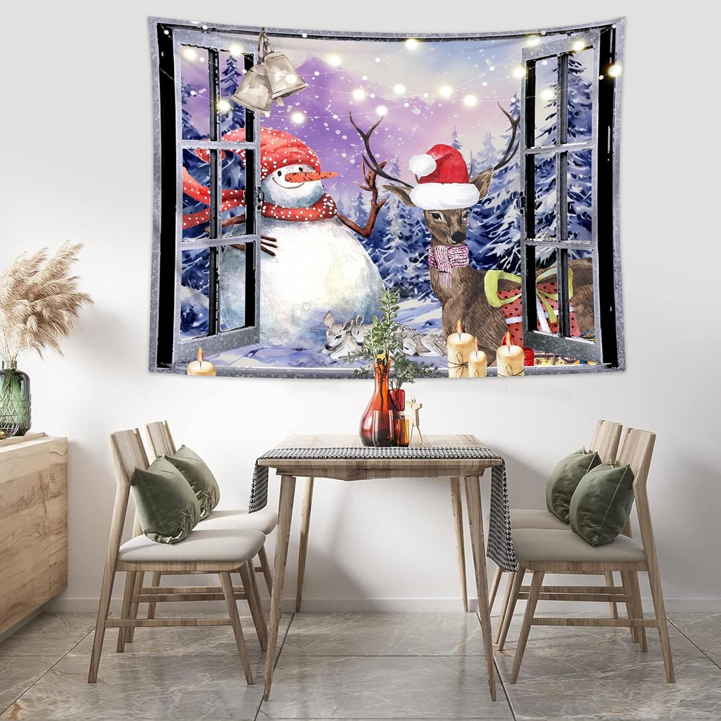 QGHOT Christmas Window Tapestry Wall Hanging Christmas Backdrop Winter Window Wall Decor Xmas Snowman Deer Tapestries for Bedroom Living Room Dorm Holiday Party Decoration, Large