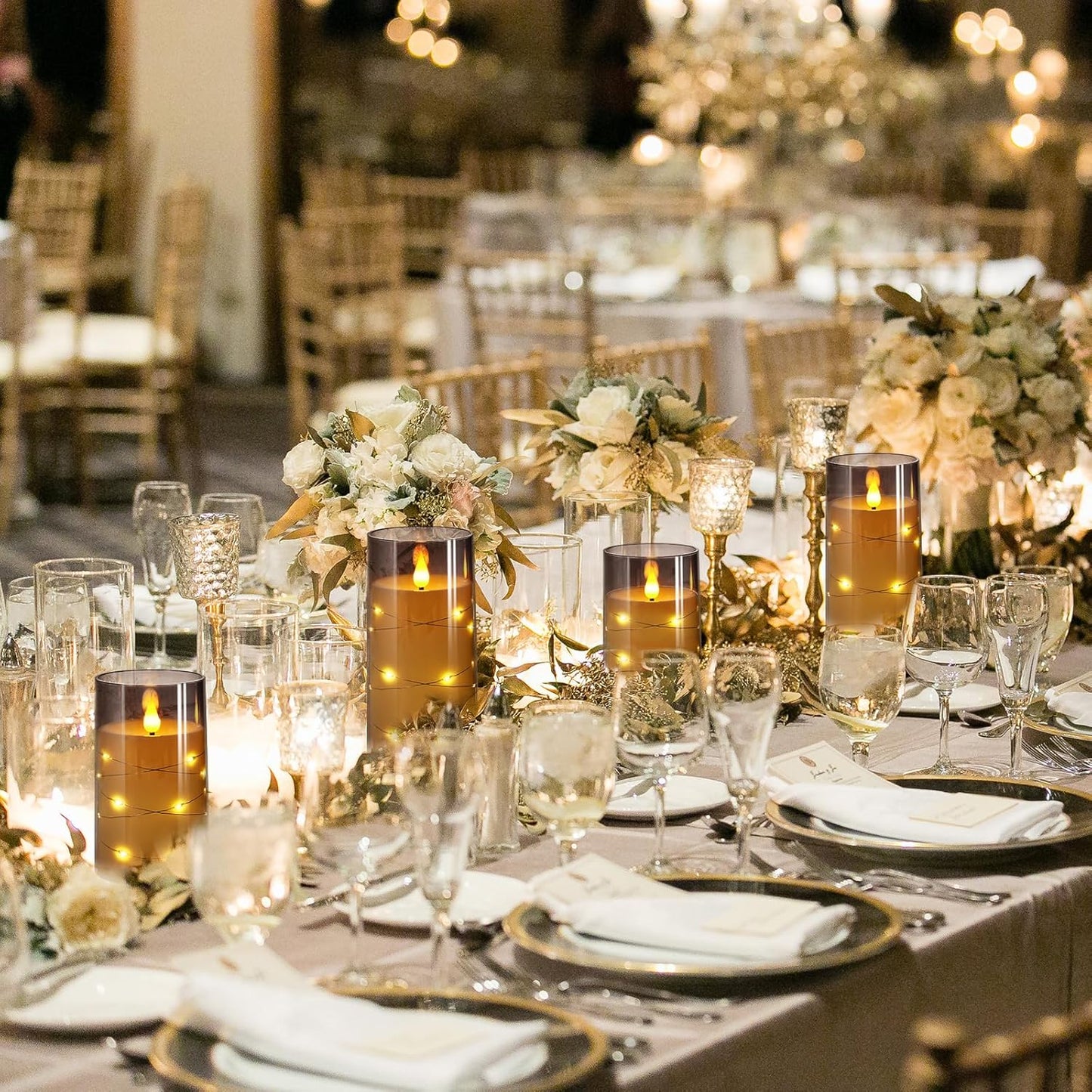 NURADA Flickering Flameless Candles: Built-in Star String Lights 3D Wick Acrylic Battery Operated LED Pillar Candles with Remote and Timer for Fall Halloween Christmas Home Decoration - 3 Pack Gray