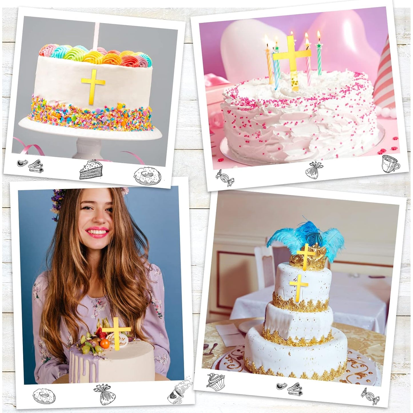 Blulu 16 Pieces Baptism Cake Toppers Crossing Cupcake Toppers Gold Mirror Acrylic Cake Picks Baptism Decor Christian Decorations(Classic Style)