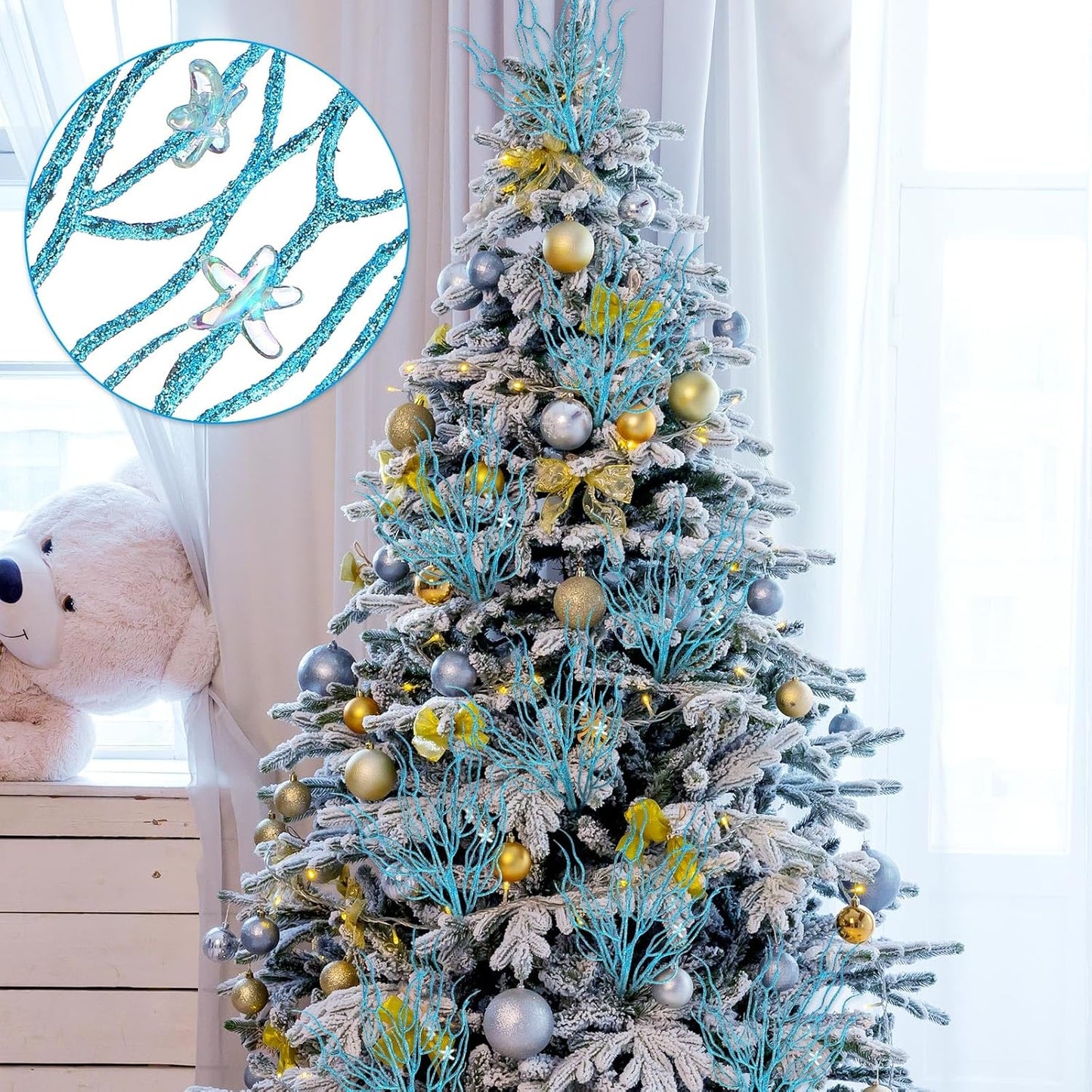 8 Pcs Blue Coastal Ornaments for Christmas Tree Artificial 15.7inch Glitter Coastal Ocean Branch Artificial Flowers Christmas Tree Filler Twigs Plants Xmas Ornaments for Vase Gift Wreath