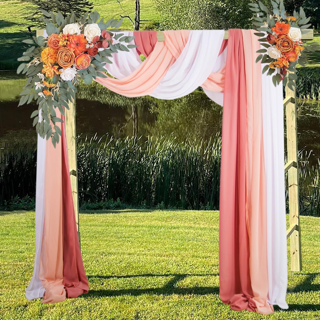 3 Panels Dusty Rose Arch Drapery 20Ft Chiffon Drapes Sheer Hanging for Wedding Background Stage Bridal Shower Decoration (White+Peach+Dusty Rose)