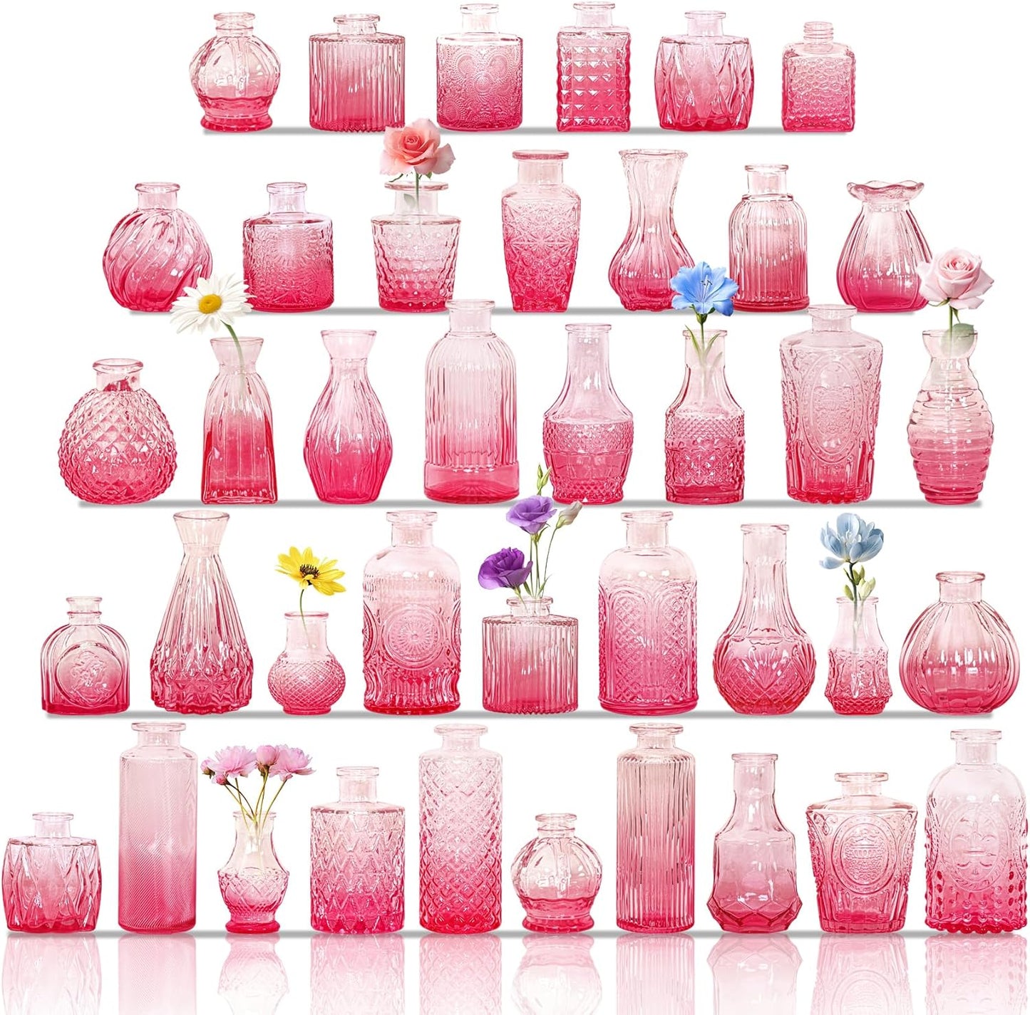 Set of 40 Glass Bud Vases, Small Pink Glass Vases in Bulk, Mini Vintage Embossed Flower Vase for Wedding, Centerpieces, Birthday Party, Baby Shower, Home Table Decorations (Pink)