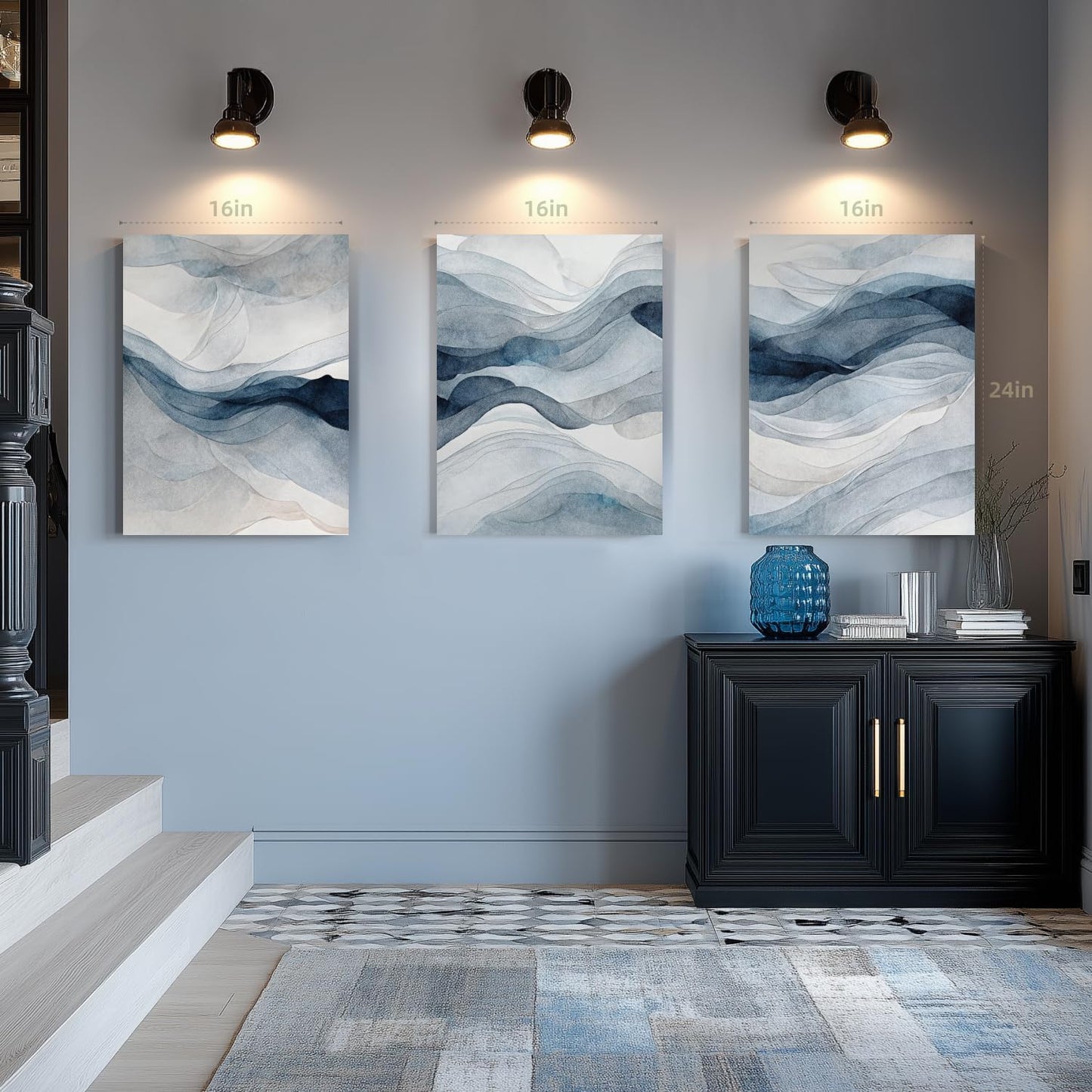 IAFWZX Framed Blue Gray Abstract Wall Art, Modern Minimalist Waves Wall Decor, Neutral Watercolor Line Canvas Paintings, Navy Blue Watercolor Poster Prints for Bedroom Living Room Office 12"x16"x3