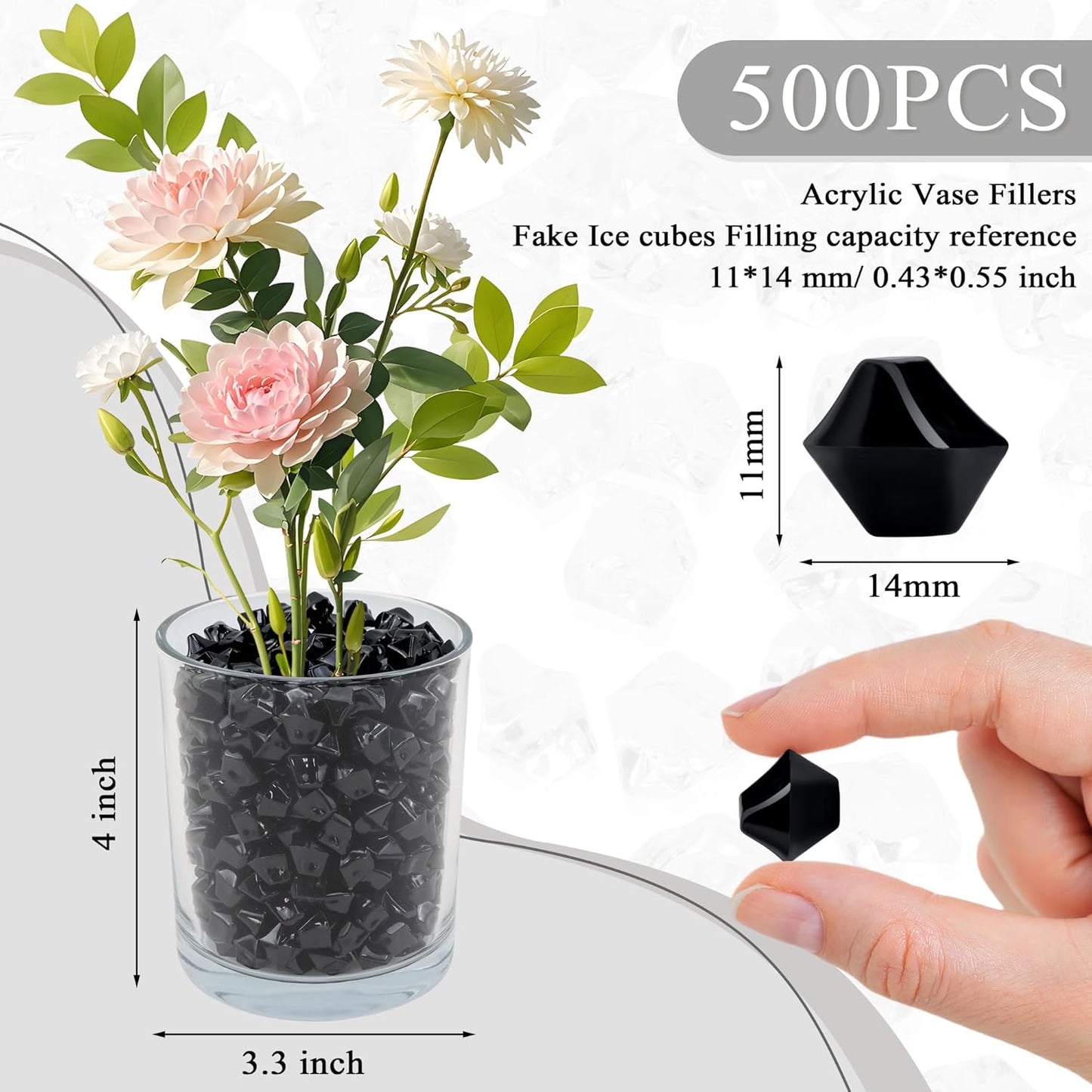 YATOJUZI 500pcs Fake Ice Cubes Black Acrylic Crushed Rocks Vase Fillers Plastic Diamonds Gems for DIY Party Wedding Centerpiece Table Scatter Prop Display 0.5" (Only Black)