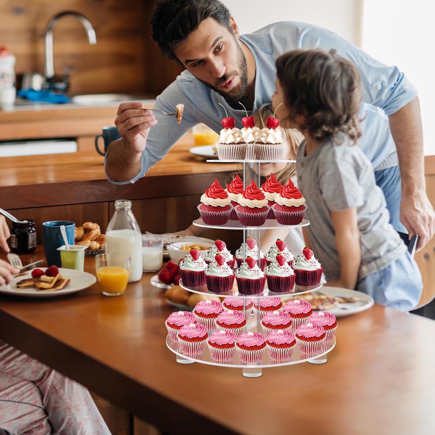 YestBuy 4 Tier Round Acrylic Cupcake Stand with Base, Premium Cupcake Holder, Acrylic Cupcake Tower Display Cady Bar Party Décor – Display for Pastry (4" Between 2 Layers with Base)