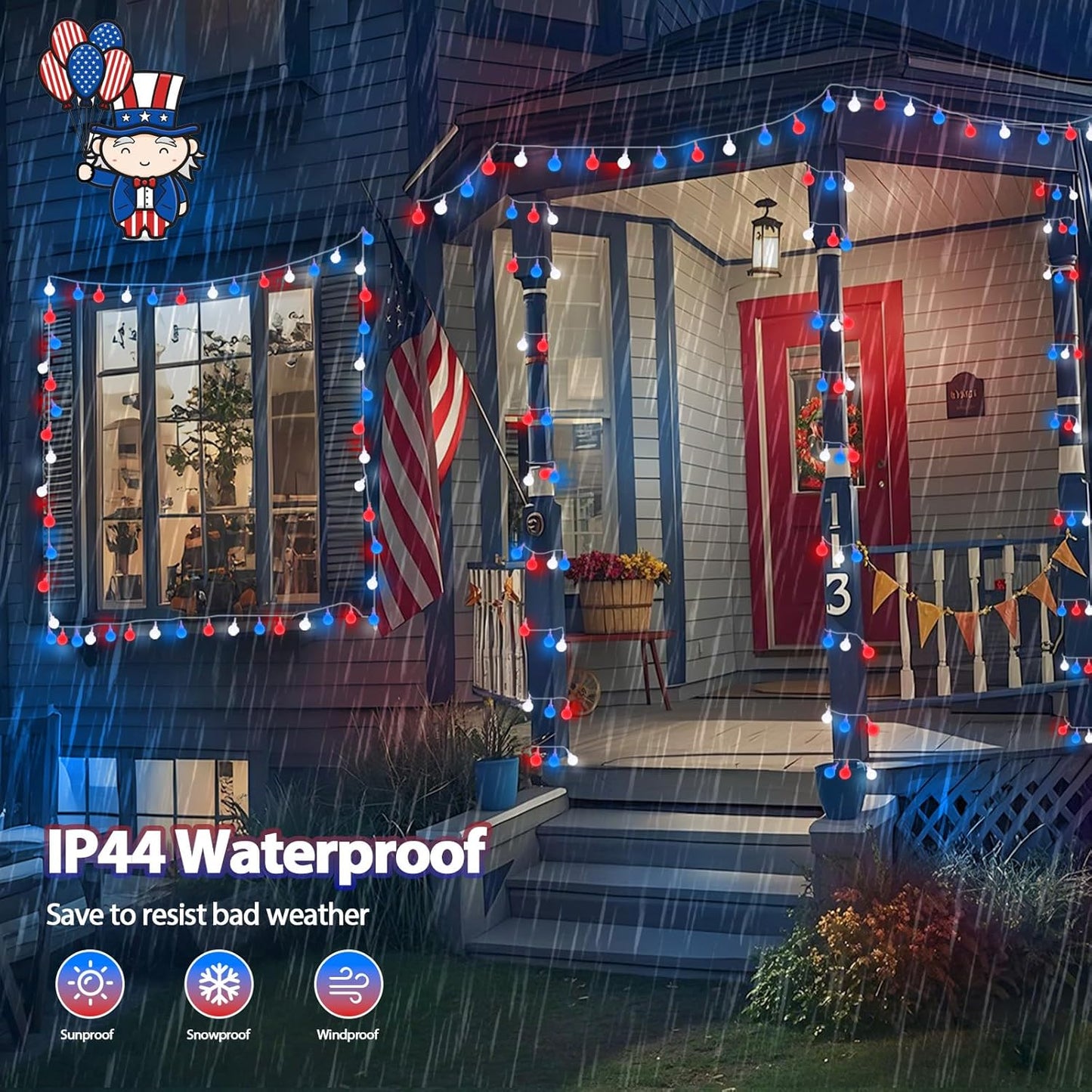 Connectable Red White and Blue String Lights Outdoor Indoor, 42FT 100LED 4th of July Decorations Plug in with Timer, 13 Modes Patriotic Globe Waterproof Fairy Lights for Independence Day Memorial Day