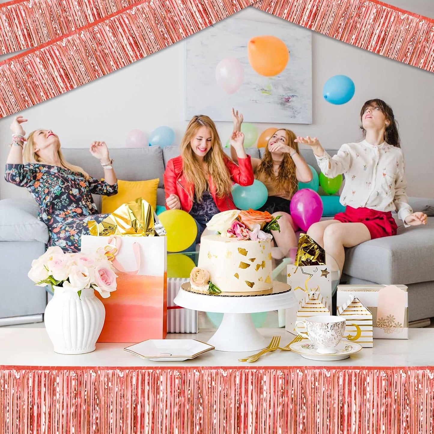 4 Pack 10 Ft Rose Gold Foil Fringe Garland Metallic Streamers Tinsel Banner Wall Hanging Garland Backdrop for Parade Floats, Halloween, Christmas, Thanksgiving, New Year Party Decorations