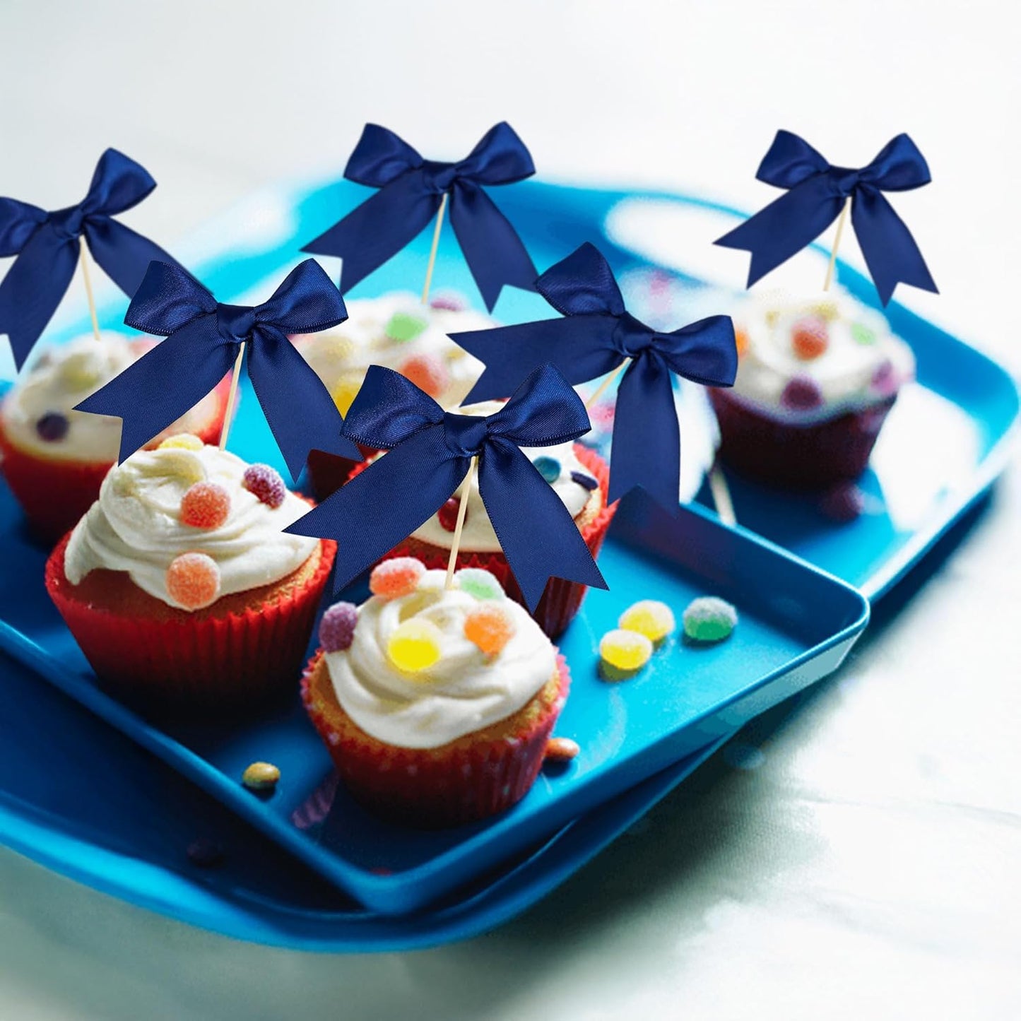Ephlyn 24Pcs Bow Cupcake Toppers Bowknot Cake Toppers Bow Cupcake Picks Bowknot Birthday Party Decorations for Wedding Bridal Engagement Baby Shower Birthday Party Supplies Dark Blue