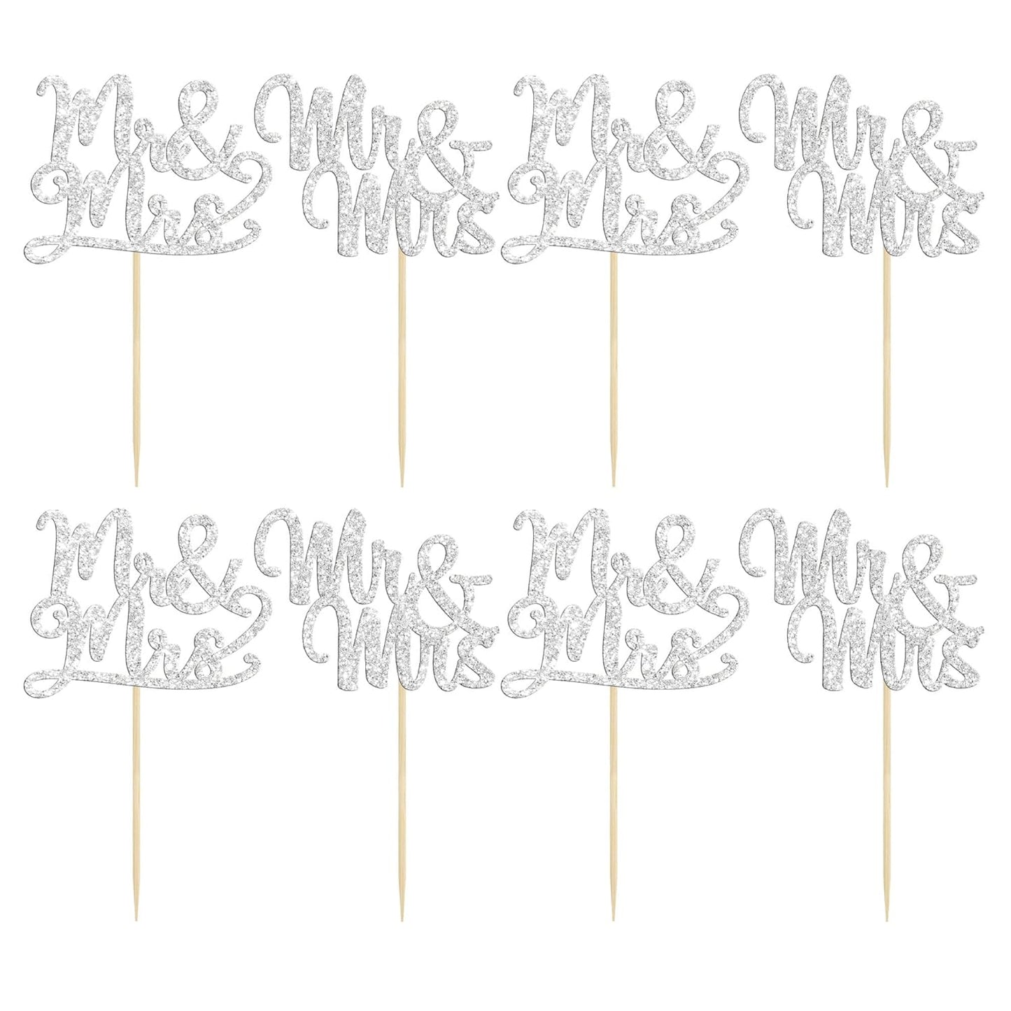 Gyufise 36Pcs Silver Glitter Mr & Mrs Cupcake Toppers Love Cake Decoration Picks for Wedding & Bridal Shower Party Supplies