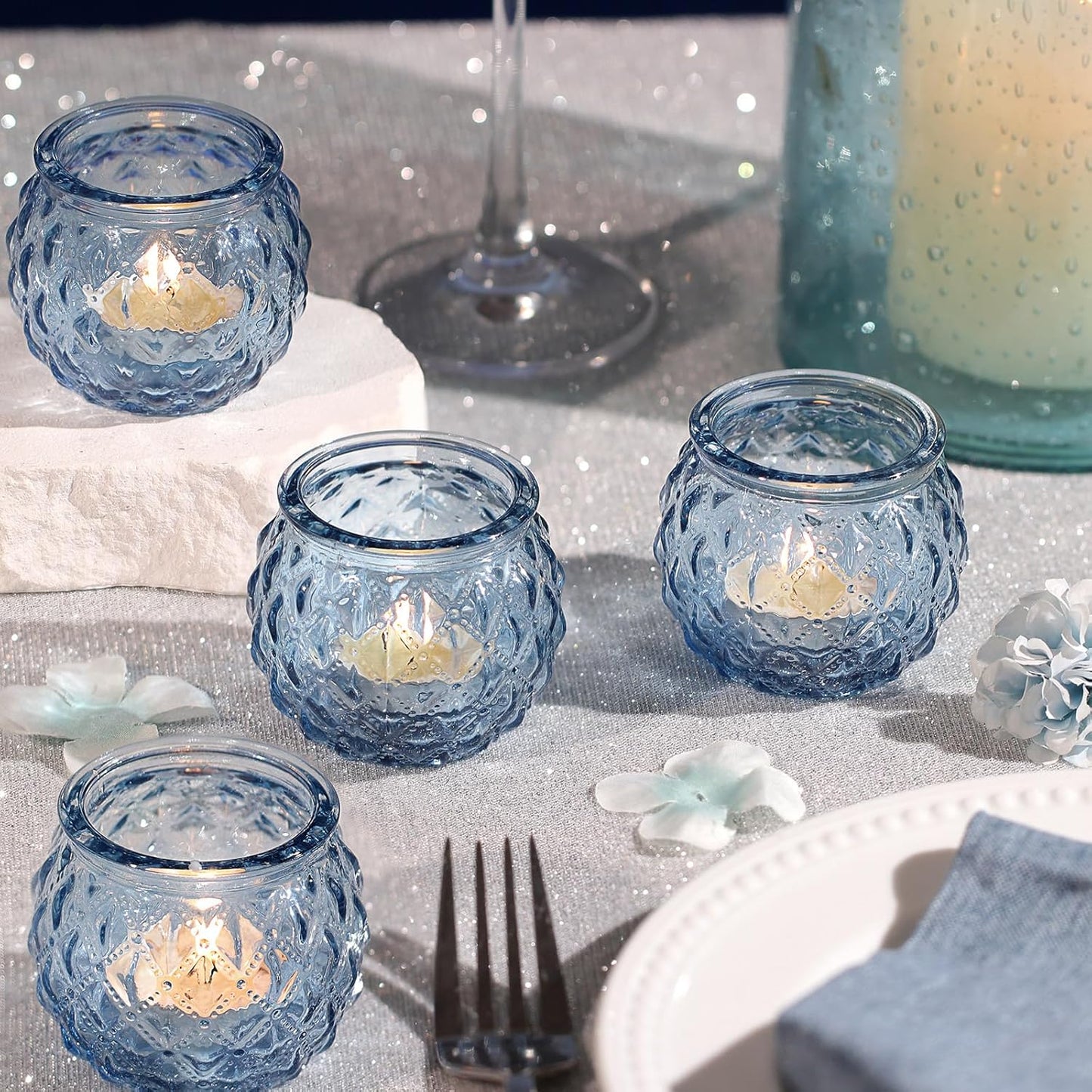 DARJEN 48Pcs Blue Round Candle Holders - Bulk Glass Candle Holders for Vintage Decoration, Tea Lights for Wedding Shower, Party & Gift