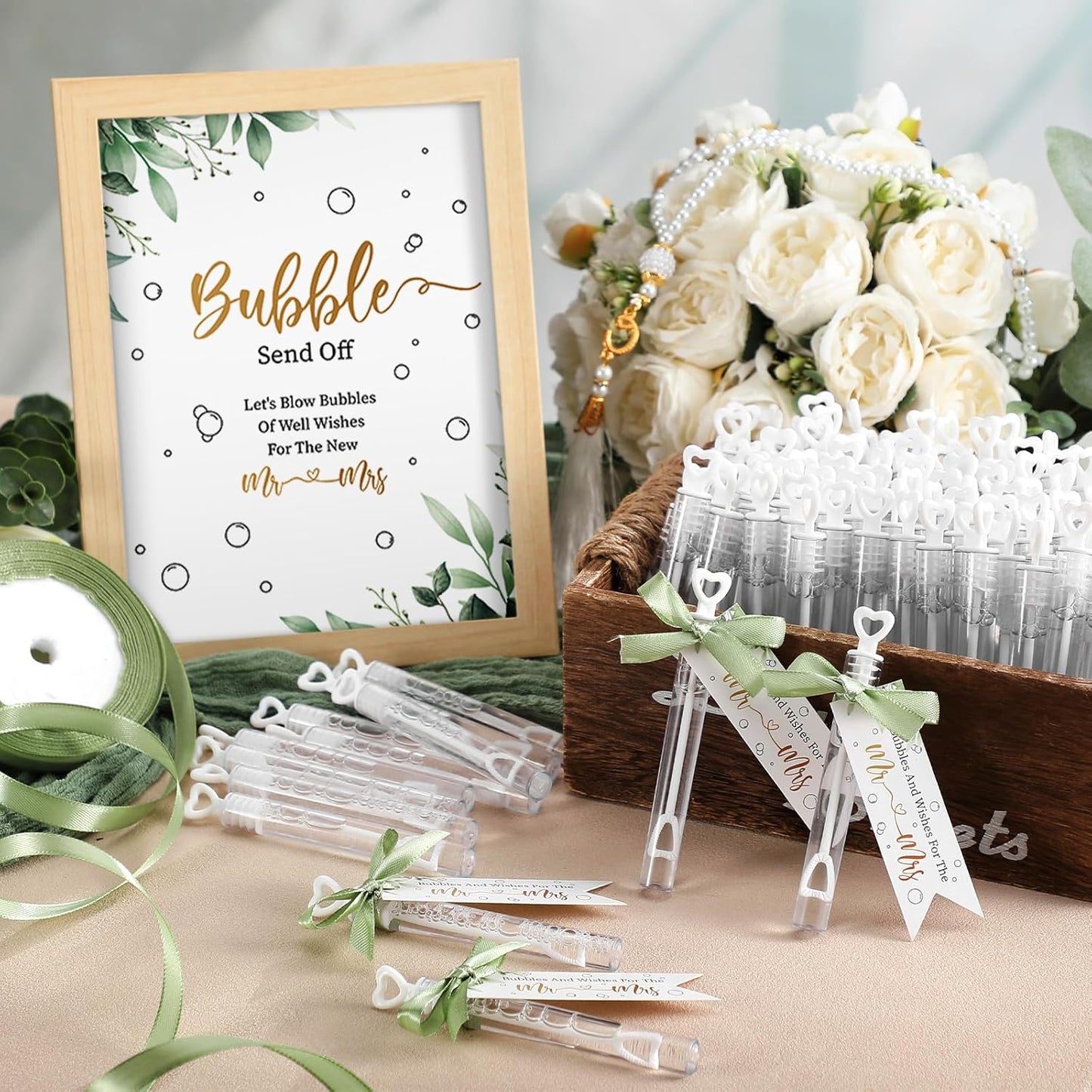 405 Pcs Wedding Bubbles Wands Set Include Heart Bubble Wands Bubbles Send Off Cards Gift Tags Wood Photo Frame Ribbons for Wedding Send Off Party Favors(Sage Green)