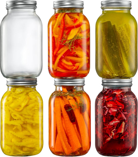 [6 Pack] 32 oz. Regular-Mouth Glass Mason Jars - with Metal Airtight Lids and Bands 1 quart Large for Canning, Preserving, & Meal Prep