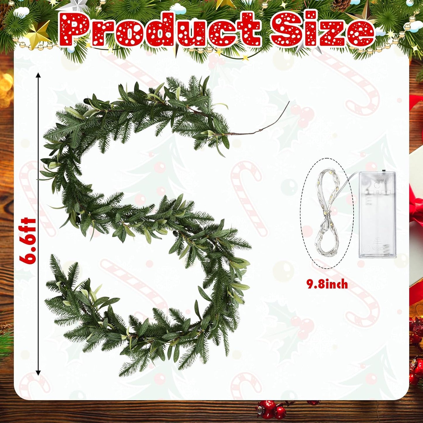 6.56 ft Christmas Artificial Olive Vine with Pine Garland with 9.84 ft LED Fairy Lights Battery Operated Green Dense Artificial Vines for Table Runner Center of Holiday Wedding Arch Party Mantle