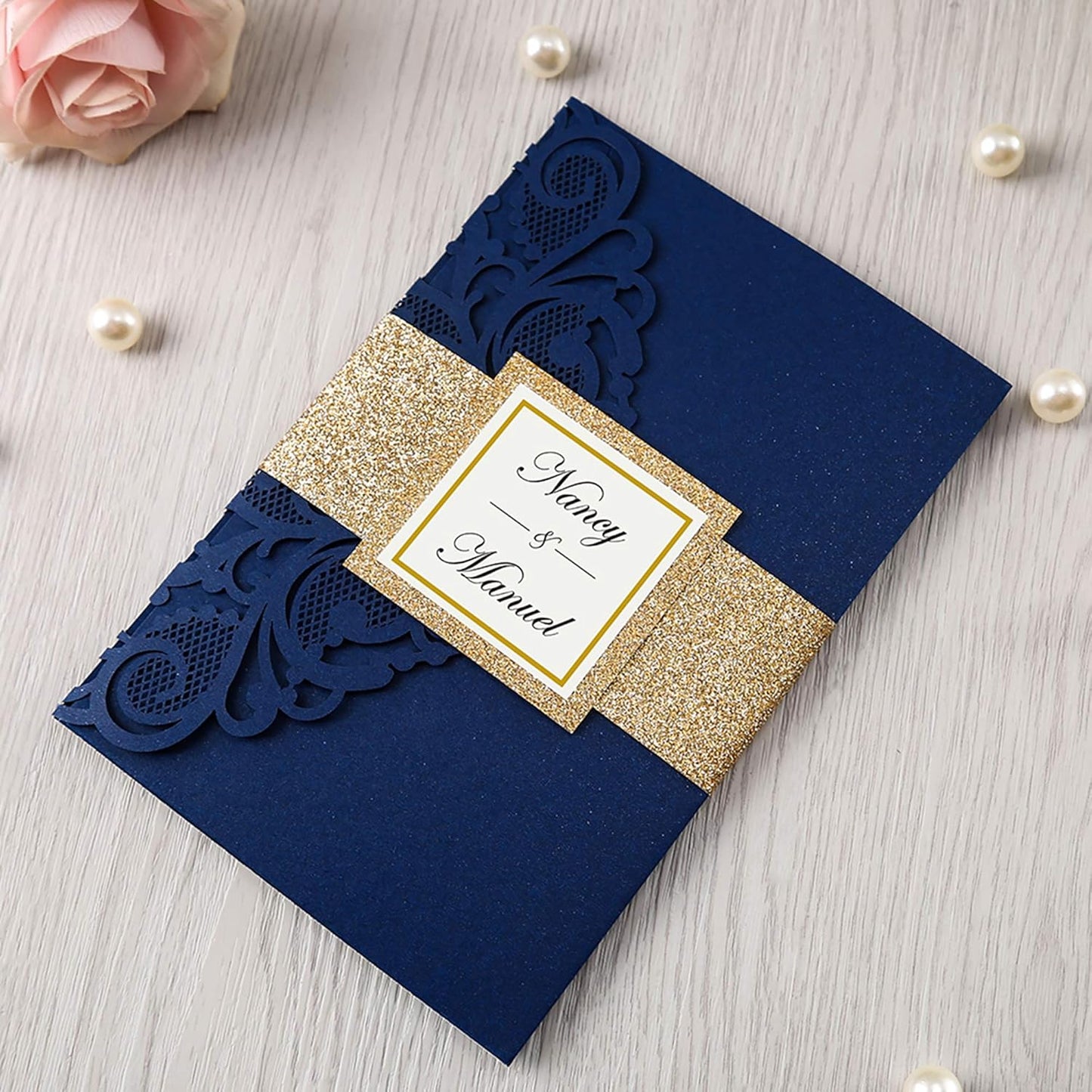 DORIS HOME 50PCS Laser Cut Wedding Invitations with Envelopes and RSVP Cards BLANK Inner With Gold Glitter Belly Band for Wedding Engagement Bridal Shower Party Invite 4.7x7 Inch Navy Blue