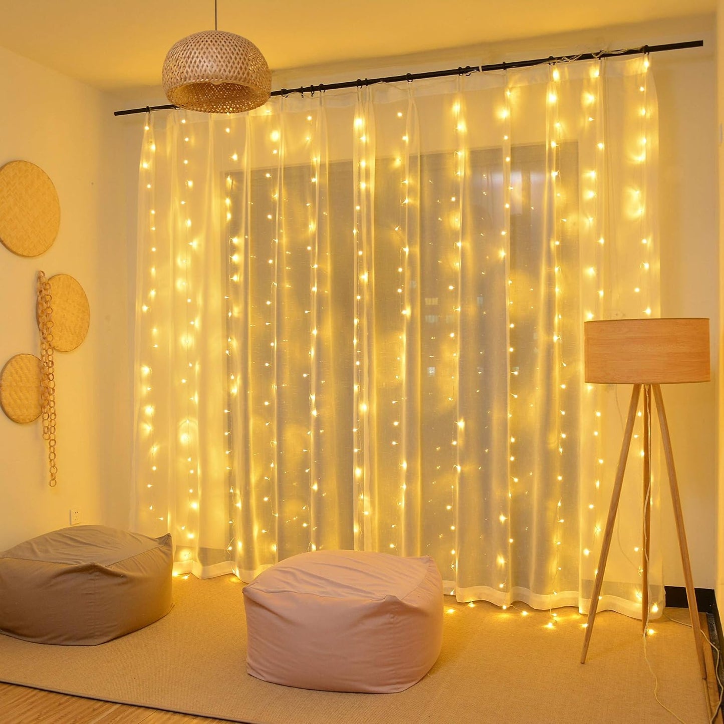 YEOLEH String Lights Curtain,7.9 x 5.9Ft 144LEDs USB Powered Fairy Lights for Bedroom Wall Decor,8 Modes & IP64 Waterproof Ideal for Outdoor Indoor Home Garden Party Holiday Halloween Room,Warm White
