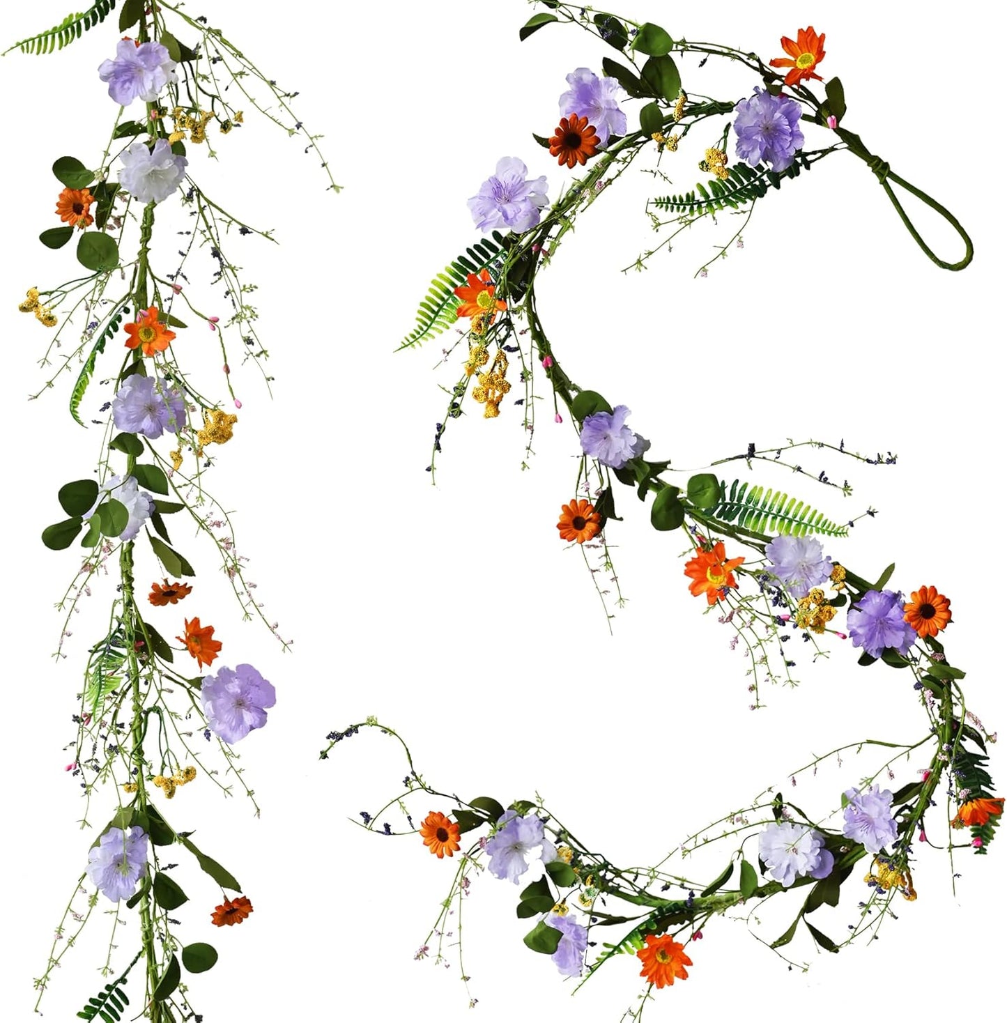 2PCS Artificial Daisy Garland, 6FT Faux Flower Hanging Vine, Purple Flowers Ivy, Spring Garland with Eucalyptus Boston Fern Vine for Sign Board Party Home Decor