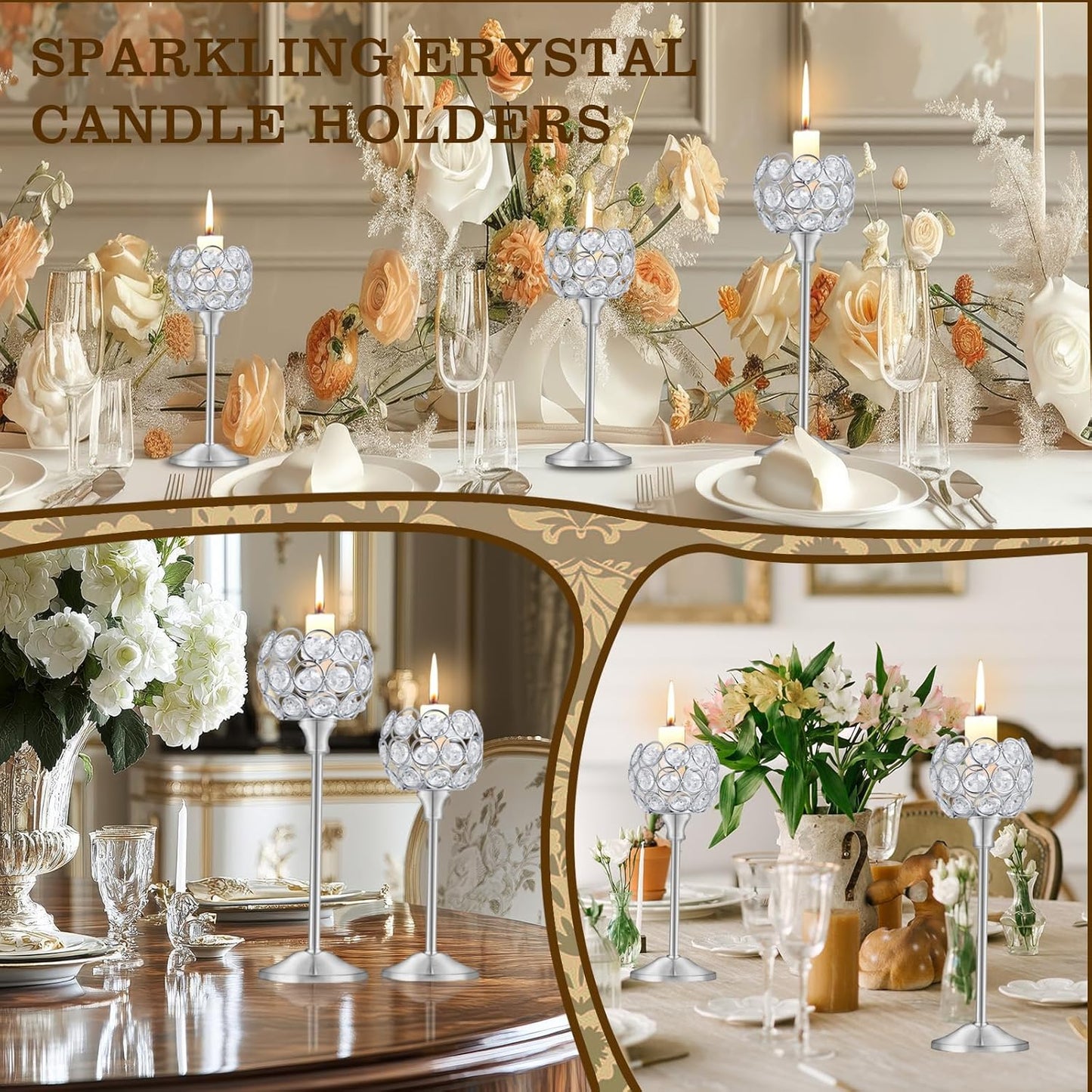 Crystal Candle Holders Set of 16 for Wedding Centerpieces Gold Or Silver Candle Holders Bulk Decorative Tealight Candle Holder for Wedding, Party,Table Centerpieces Decoration (Silver, 4Sets(12 Pcs))