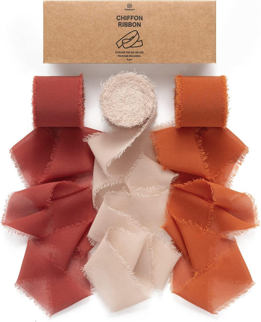 Vitalizart Fall Handmade Chiffon Silk Ribbon Fringe 1.5" x 21 Yd Terracotta Frayed Edges Ribbons for Wedding Invitations Bridal Bouquets Gifts Wrapping Crafts Holiday Party Decorations