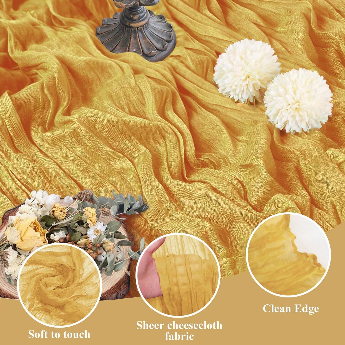 Asee'm Cheesecloth Table Runner 120 Inches Long Gold Boho Gauze Cheese Cloth Runner 10FT Rustic Sheer Fall Table Runners for Thanksgiving Christmas Wedding Party Baby Shower Decoration