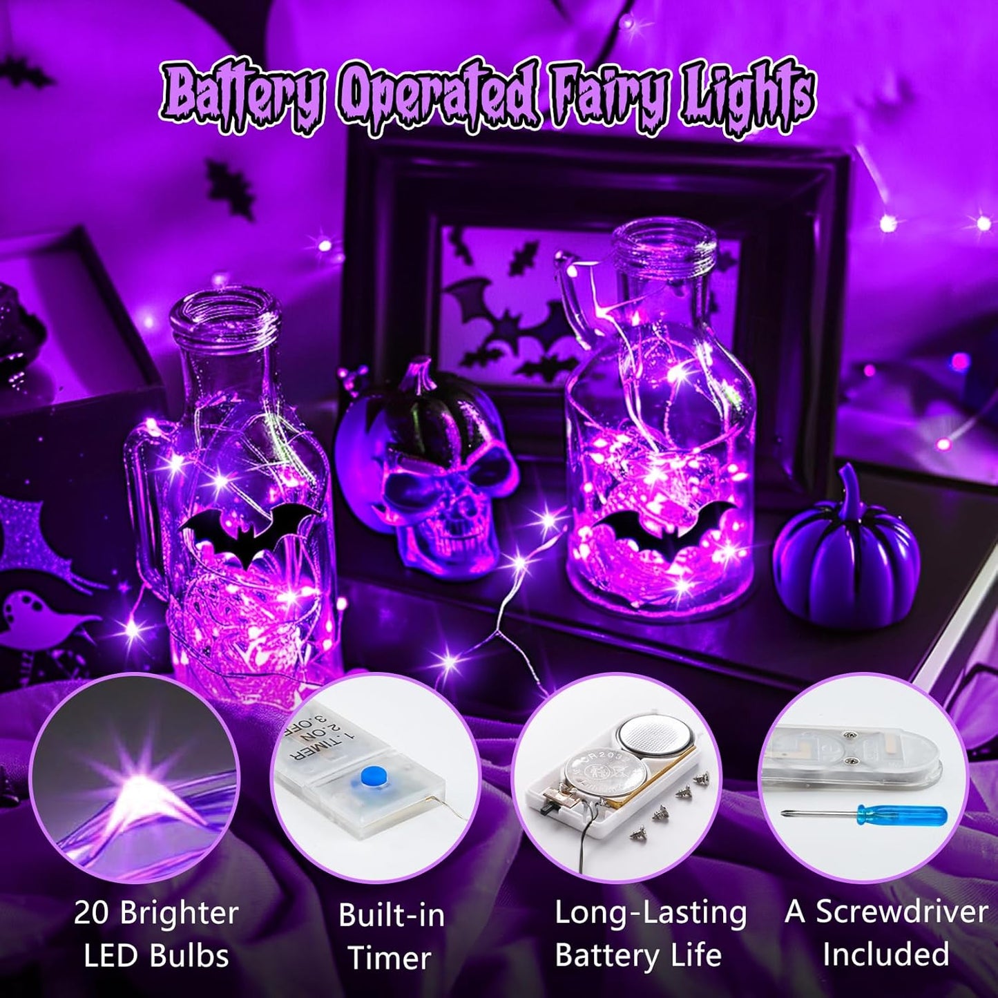 Minetom 6 Pack Purple Fairy Lights Battery Operated with Timer - 7ft 20 LED Waterproof Short Micro Firefly Lights for Halloween Decor, Pumpkin DIY Craft, Paper Lantern Decoration