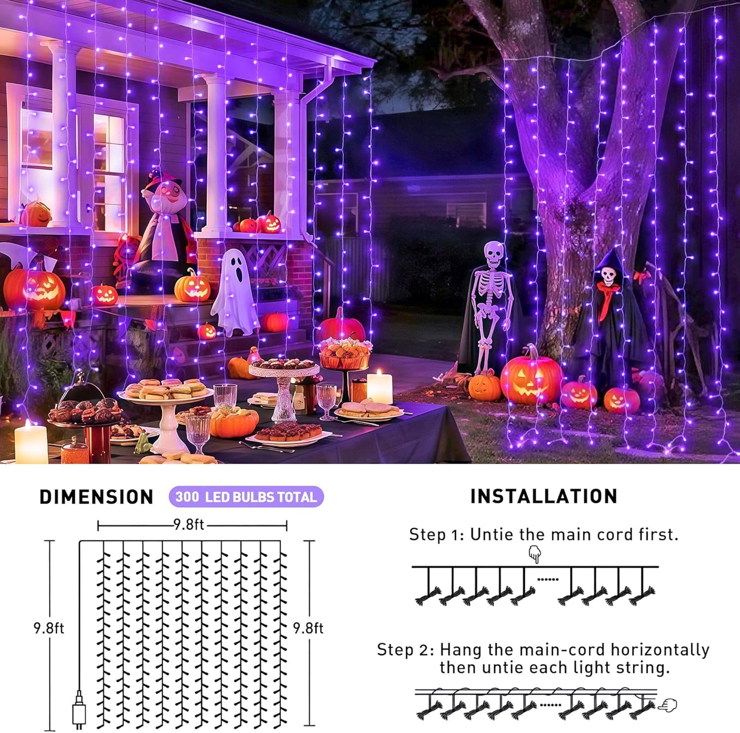 JMEXSUSS 300LED Purple Halloween Lights with Remote, Curtain Hanging Light Plug in, 8 Modes Purple String Lights for Bedroom Window Wall Party Backdrop Christmas Halloween Decorations