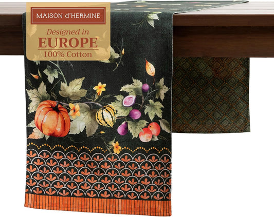 Maison d' Hermine Table Runner 100% Cotton Double Layer Table Runners 108 inches Long for Thanksgiving Christmas Decorations Home Kitchen Dining Wedding (Pumpkin Garden - Dark Green, 14.5" x 108")