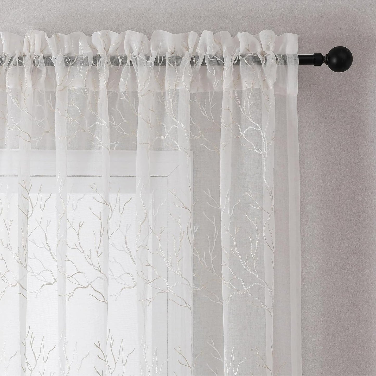 VISIONTEX Sheer Curtains 72 inch Length 2 Panels Set, Decorative Beige Coral Embroidery, Rod Pocket Embroidered Window Drapes for Living Room and Bedroom, 54" x 72"