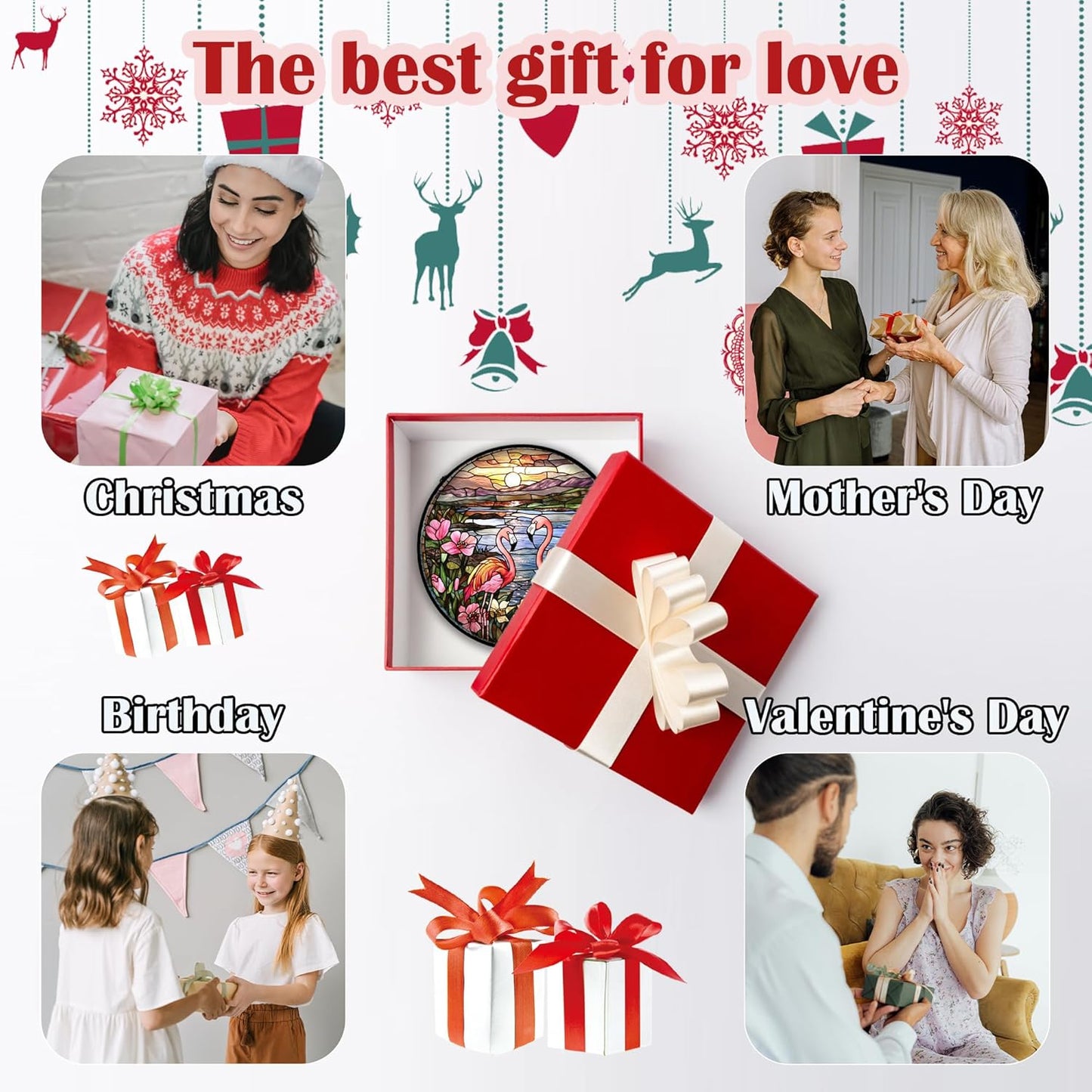 Stained Glass Window Hanging - Flamingo Wildflowers Landscape Suncatcher for Door Terrace Garden Home Decor Sunset Lake Sun Catcher Birthday Gifts for Lovers Women Men Dad Mom Nana 7.8 in