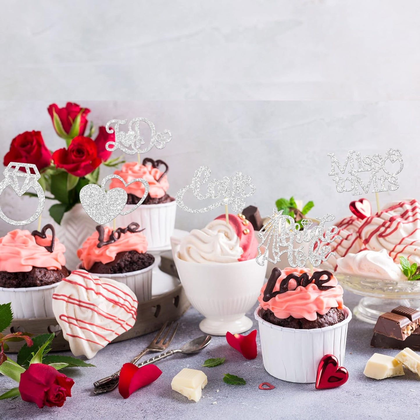 Gyufise 24Pcs Bride to Be Cupcake Toppers Silver Glitter I Do Love Heart Ring Miss To Mrs Cupcake Picks Bridal Shower Cake Decorations for Wedding Engagement Bachelorette Party Supplies